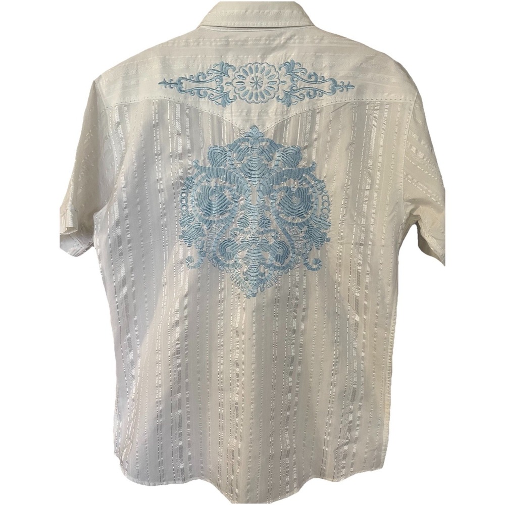 Franky Max Button Up Casual Shirt Sz M White Blue Floral Embroidery Classic City